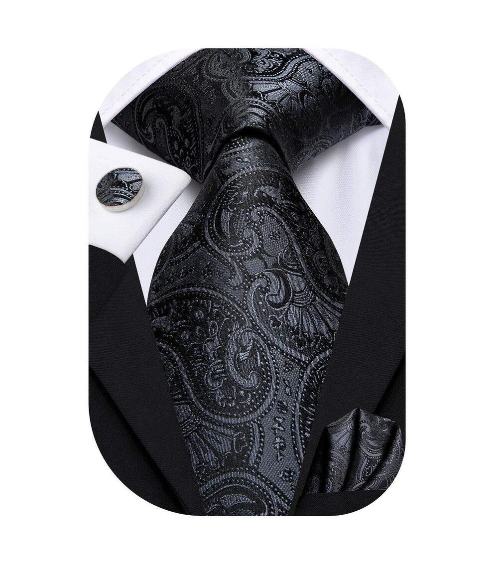 5189 Black Paisley Striped Tie WOVEN Necktie and Handkerchief Cufflinks Set